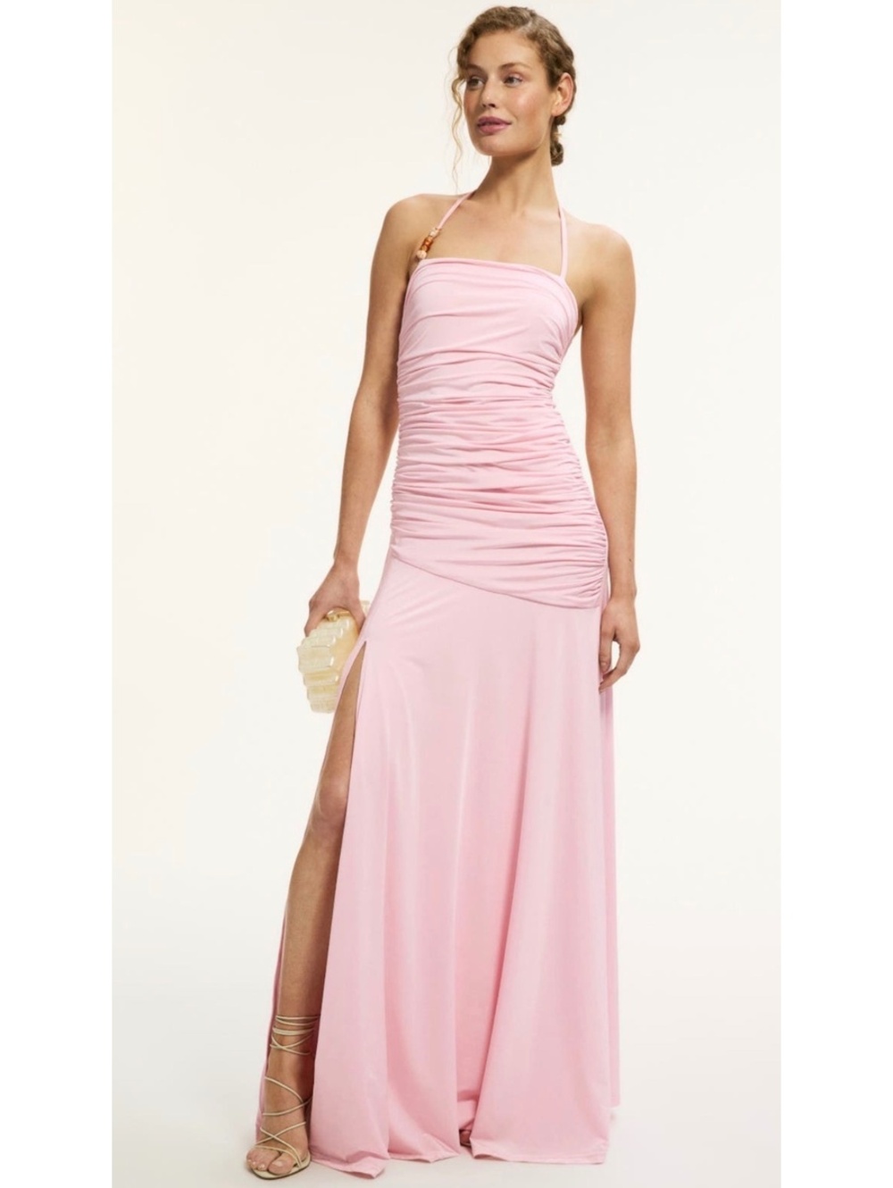 Elle Zeitoune Cole Gown XS Pink Ruched Halter Maxi Dress Slit Evening Stretch